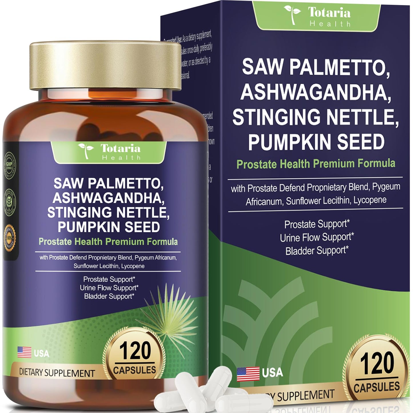 Totaria Organic Saw Palmetto - Prostate Health Support with Ashwagandha, Nettle & Pumpkin Seed (120 Count)