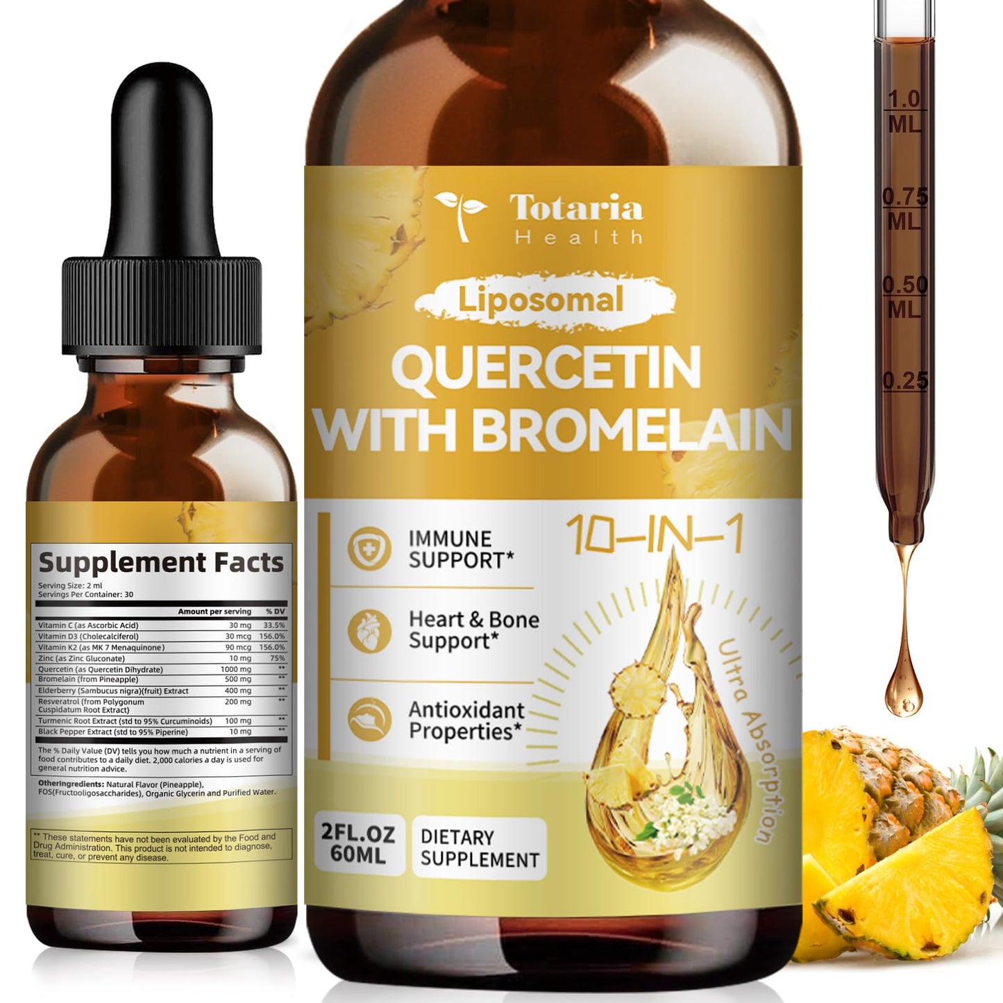 Totaria Liposomal Quercetin with Bromelain Liquid Drops - 1000mg Quercetin + 500mg Bromelain, Immune Support (2 fl oz)