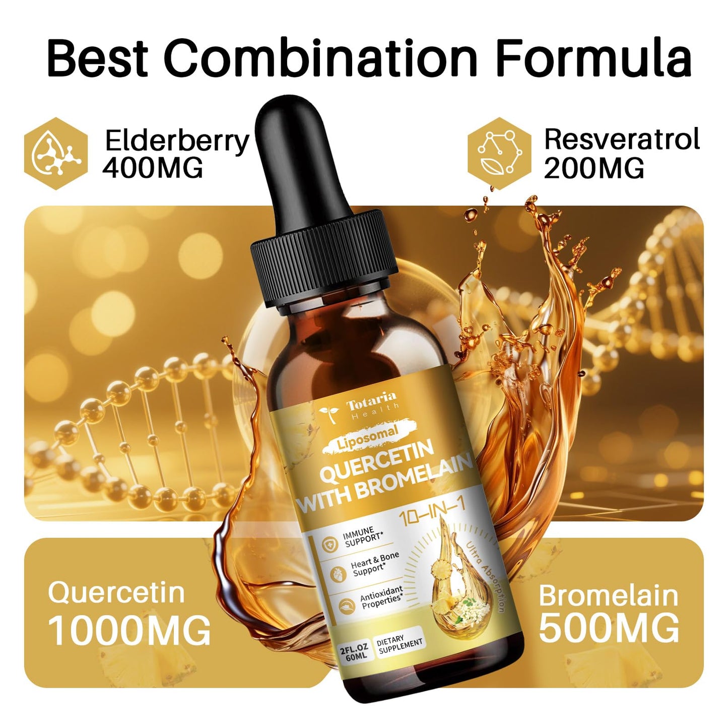 Totaria Liposomal Quercetin with Bromelain Liquid Drops - 1000mg Quercetin + 500mg Bromelain, Immune Support (2 fl oz)