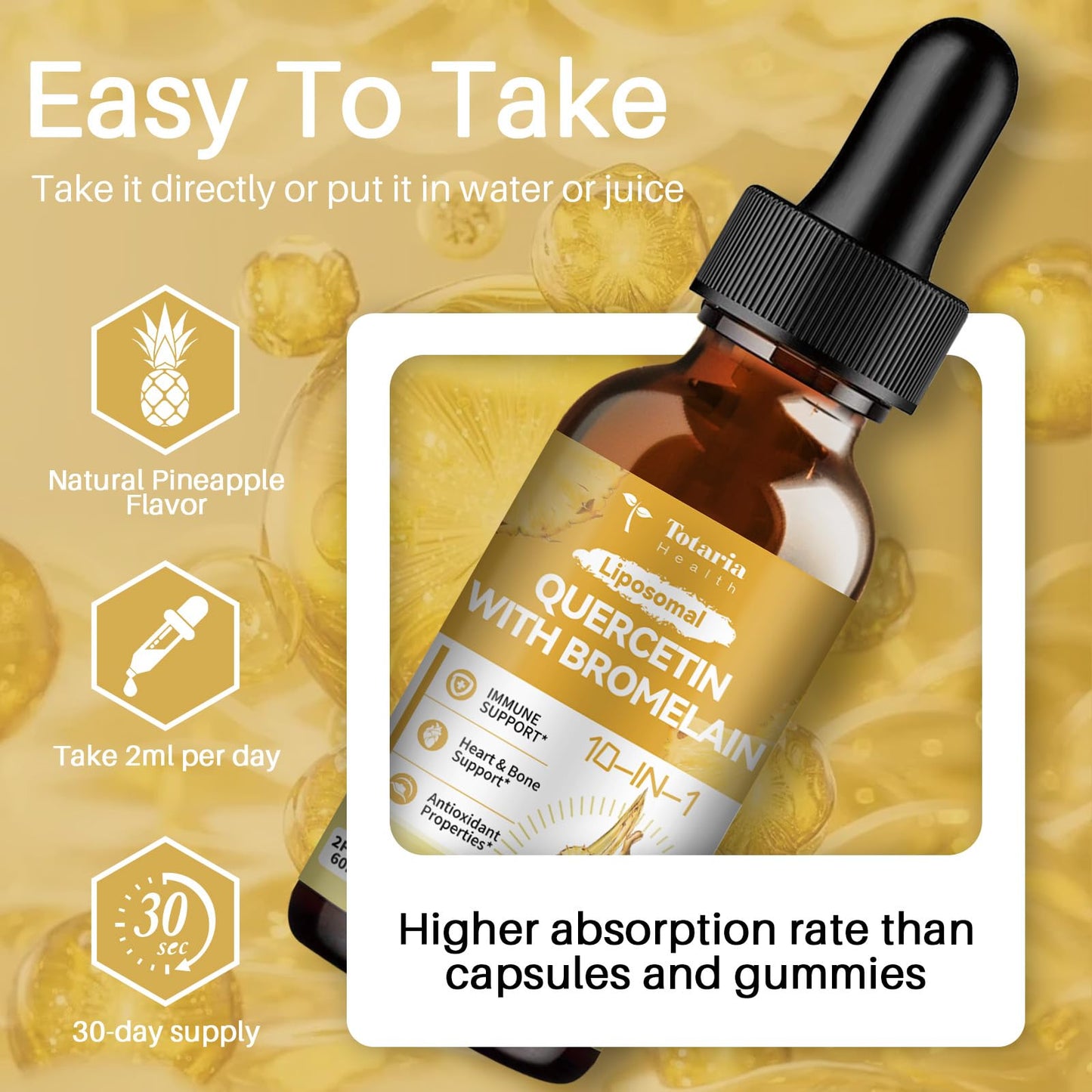 Totaria Liposomal Quercetin with Bromelain Liquid Drops - 1000mg Quercetin + 500mg Bromelain, Immune Support (2 fl oz)
