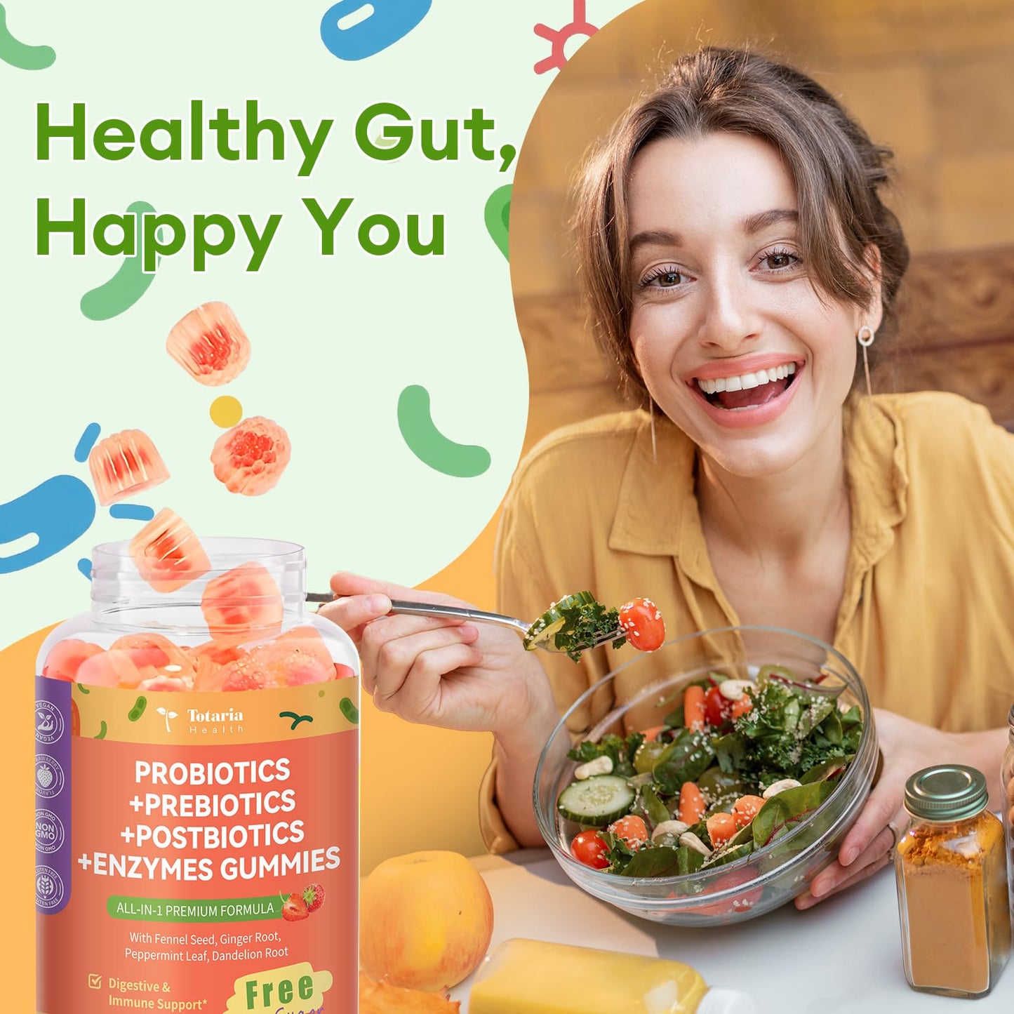 Totaria Sugar Free 5-in-1 Probiotic Gummies – 60 Count | Digestive & Immune Support | Vegan