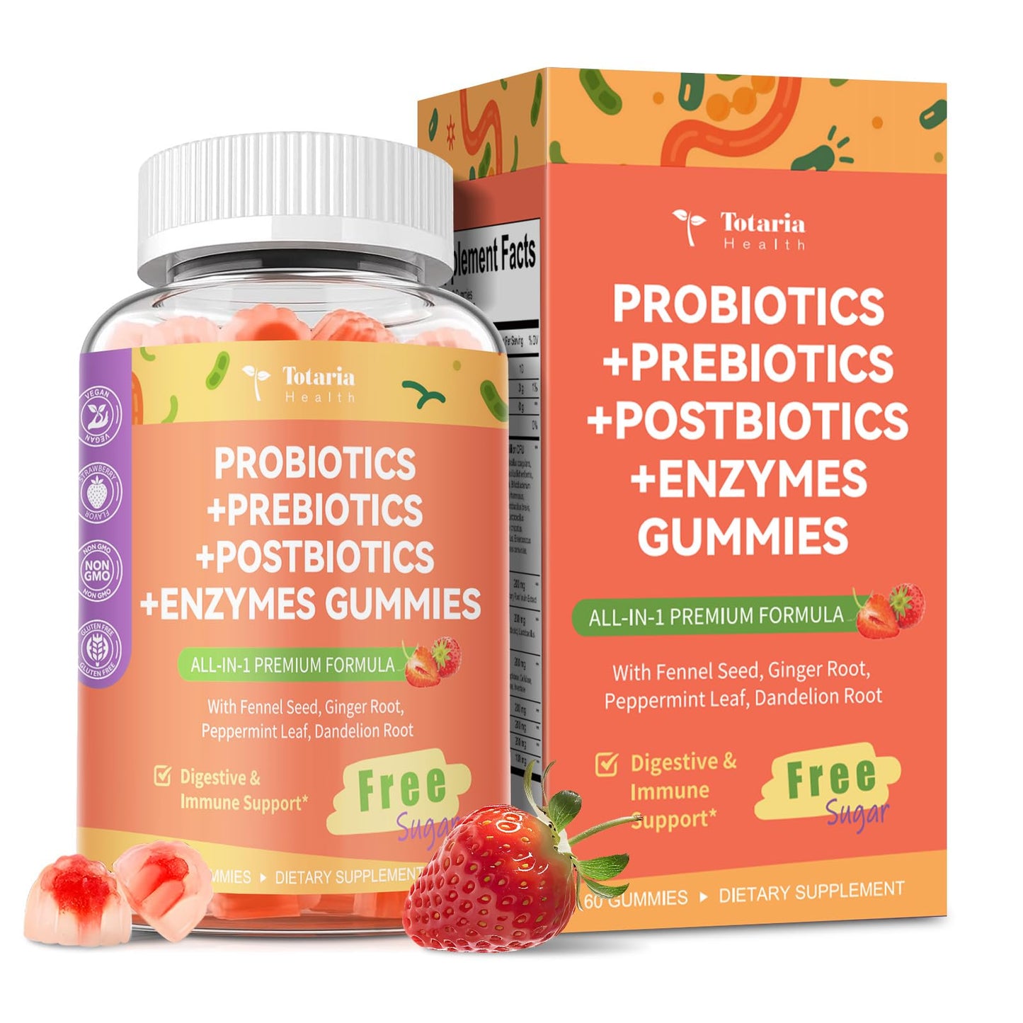 Totaria Sugar Free 5-in-1 Probiotic Gummies – 60 Count | Digestive & Immune Support | Vegan