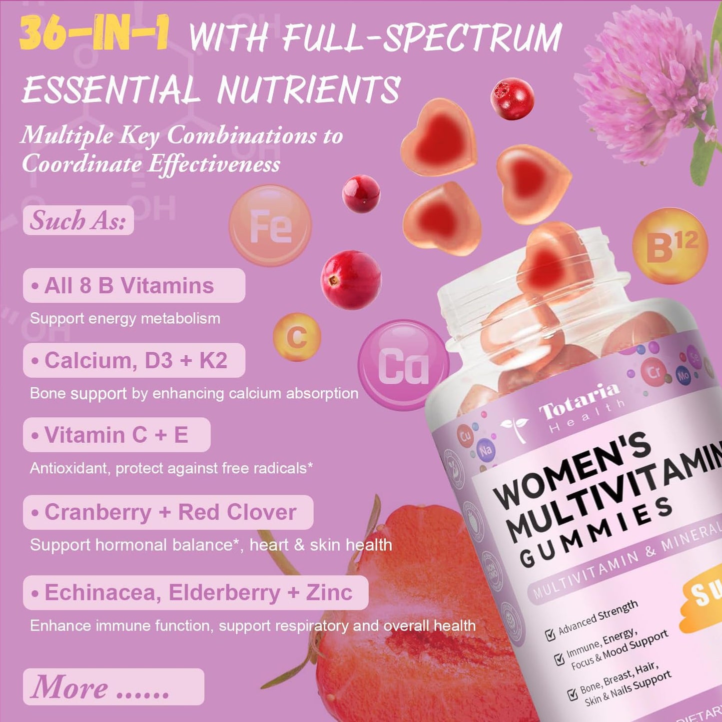 Totaria Sugar Free Multivitamin Gummies for Women 14+ – Iron, Folate, Strawberry