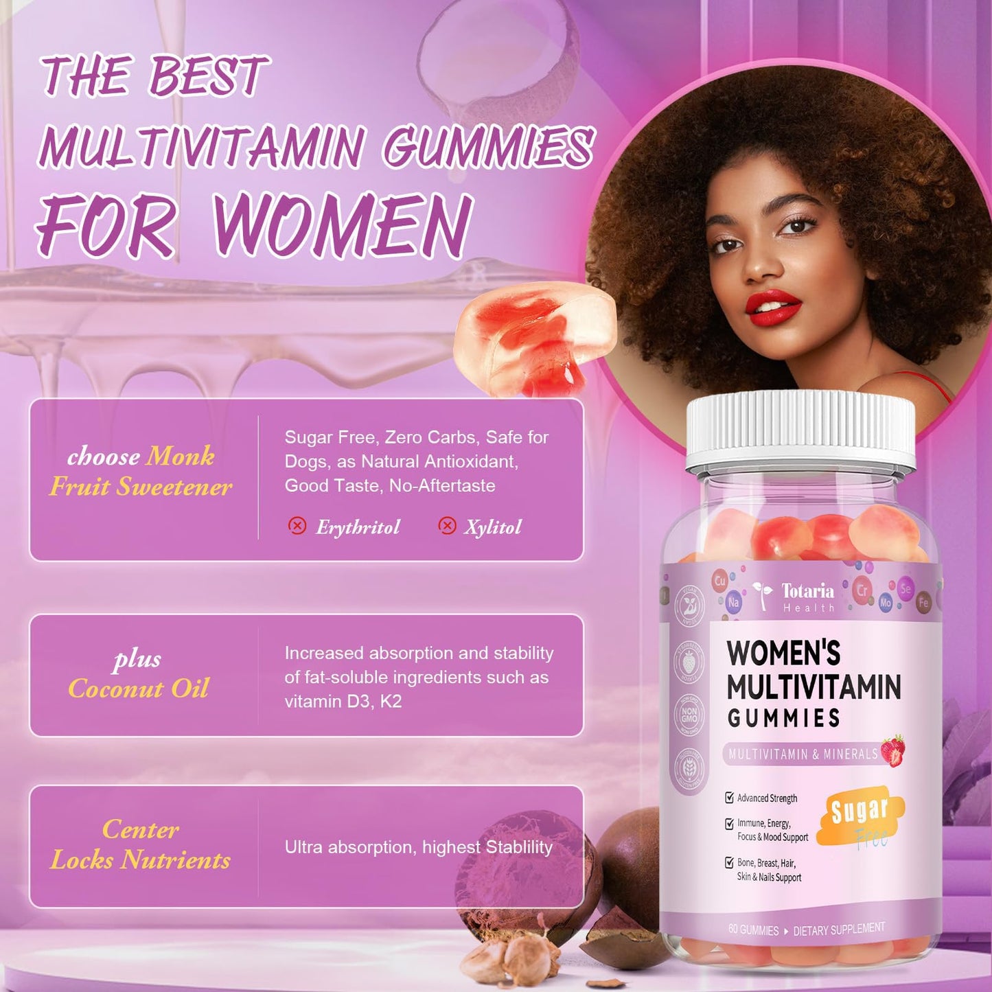 Totaria Sugar Free Multivitamin Gummies for Women 14+ – Iron, Folate, Strawberry