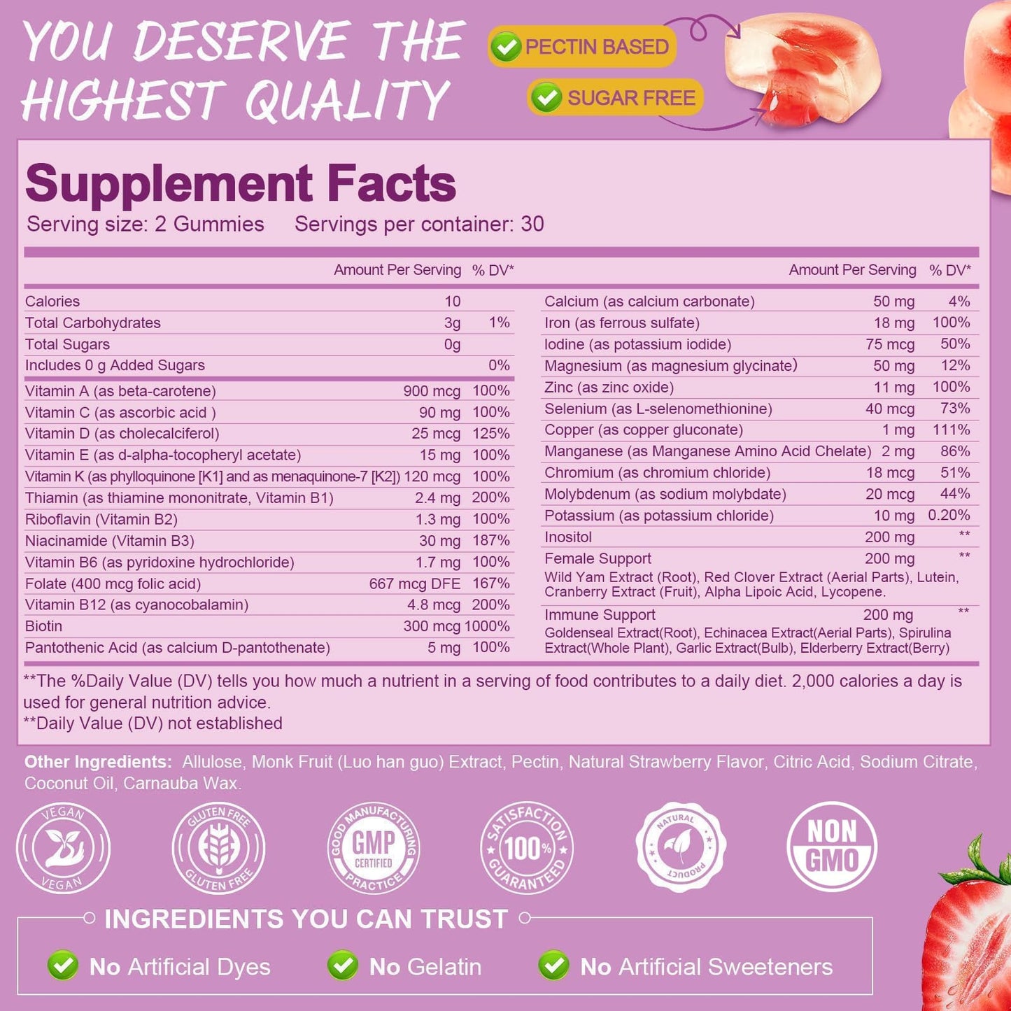 Totaria Sugar Free Multivitamin Gummies for Women 14+ – Iron, Folate, Strawberry