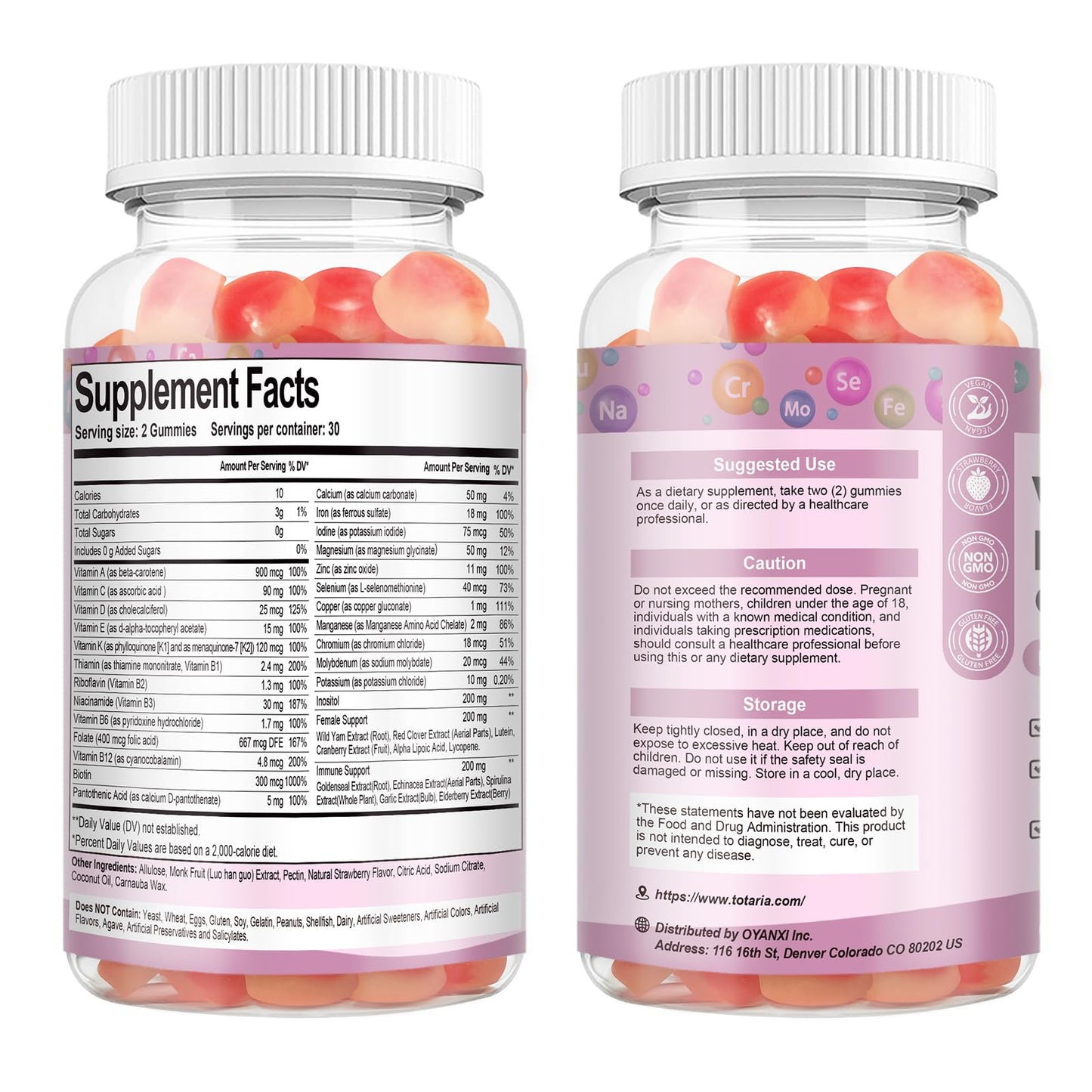 Totaria Sugar Free Multivitamin Gummies for Women 14+ – Iron, Folate, Strawberry