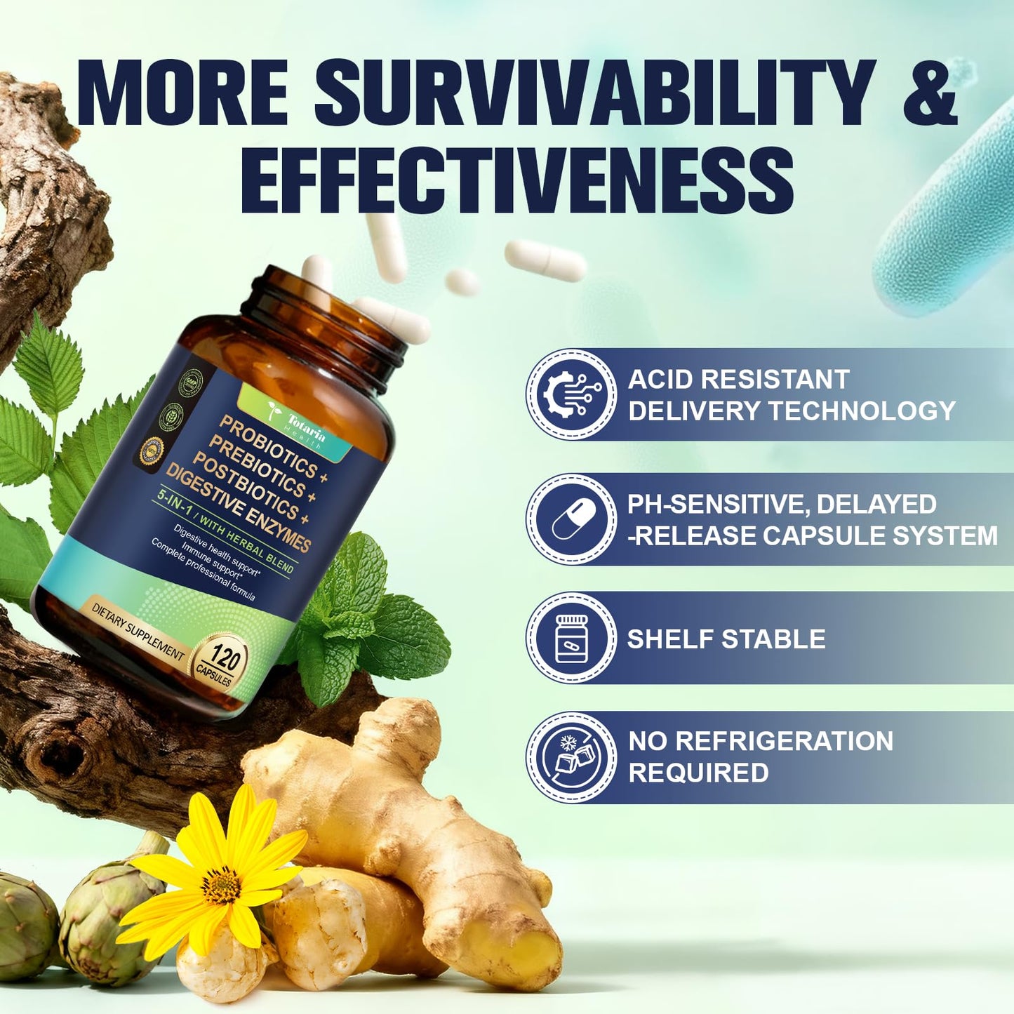 Totaria 5-in-1 Probiotic, Prebiotic & Postbiotic for Gut Health – 60B CFU, 4-Month Vegan Supply