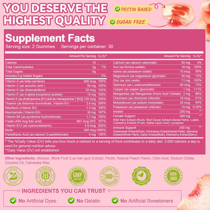 Totaria Sugar Free Multivitamin Gummies for Women 14+ with Iron, Folate, Biotin – Peach Flavor