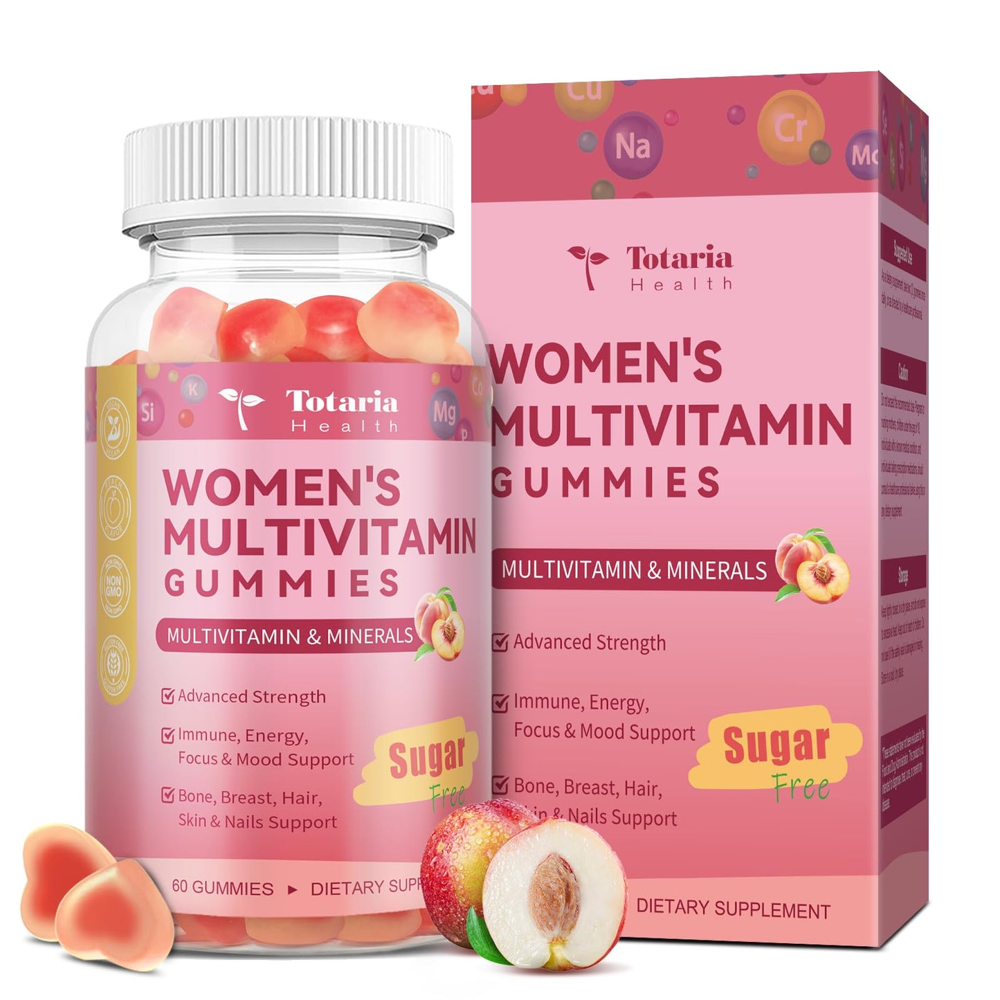Totaria Sugar Free Multivitamin Gummies for Women 14+ with Iron, Folate, Biotin – Peach Flavor