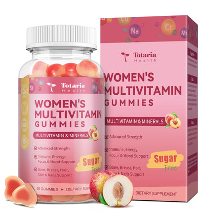 Totaria Sugar Free Multivitamin Gummies for Women 14+ with Iron, Folate, Biotin – Peach Flavor