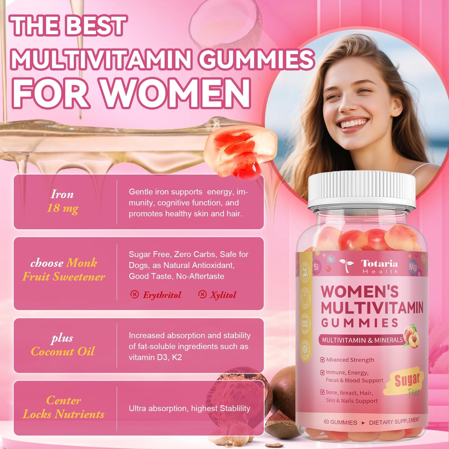 Totaria Sugar Free Multivitamin Gummies for Women 14+ with Iron, Folate, Biotin – Peach Flavor