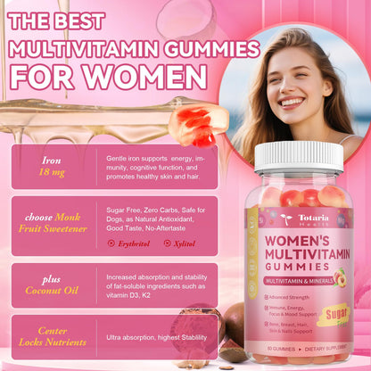 Totaria Sugar Free Multivitamin Gummies for Women 14+ with Iron, Folate, Biotin – Peach Flavor