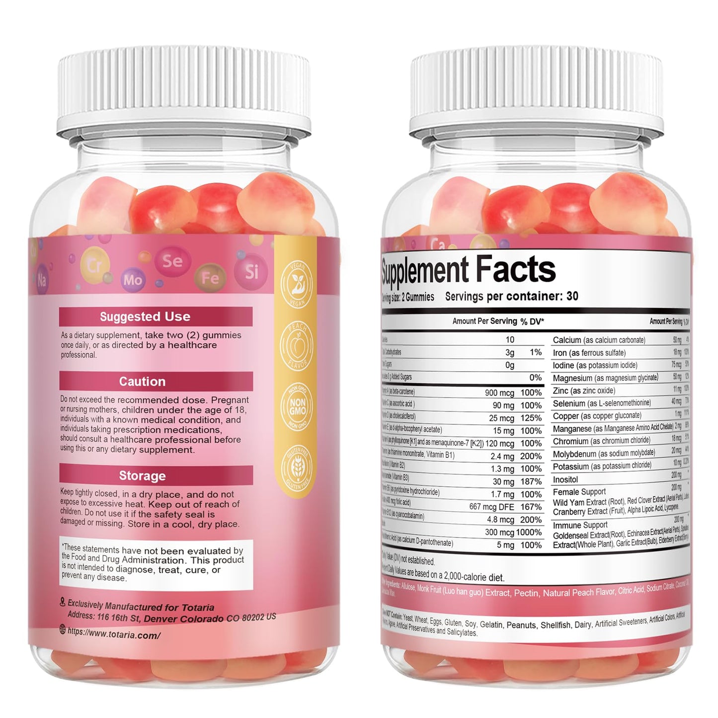 Totaria Sugar Free Multivitamin Gummies for Women 14+ with Iron, Folate, Biotin – Peach Flavor
