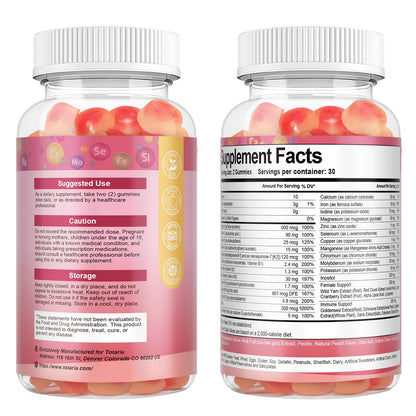 Totaria Sugar Free Multivitamin Gummies for Women 14+ with Iron, Folate, Biotin – Peach Flavor