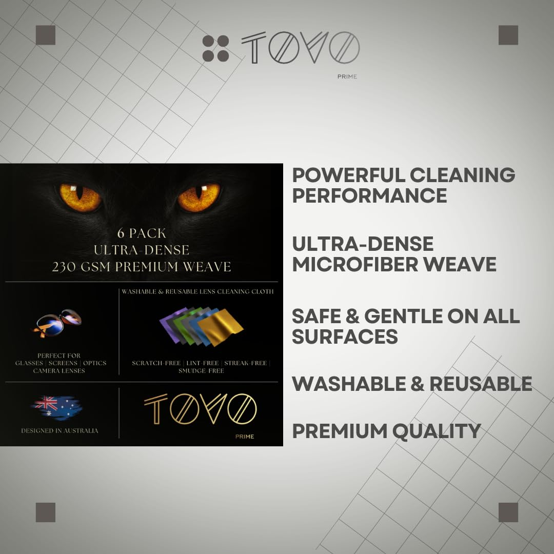 TOVO PRIME Microfiber Lens Cleaning Cloths | 6x7, 230 GSM | Australian Designed