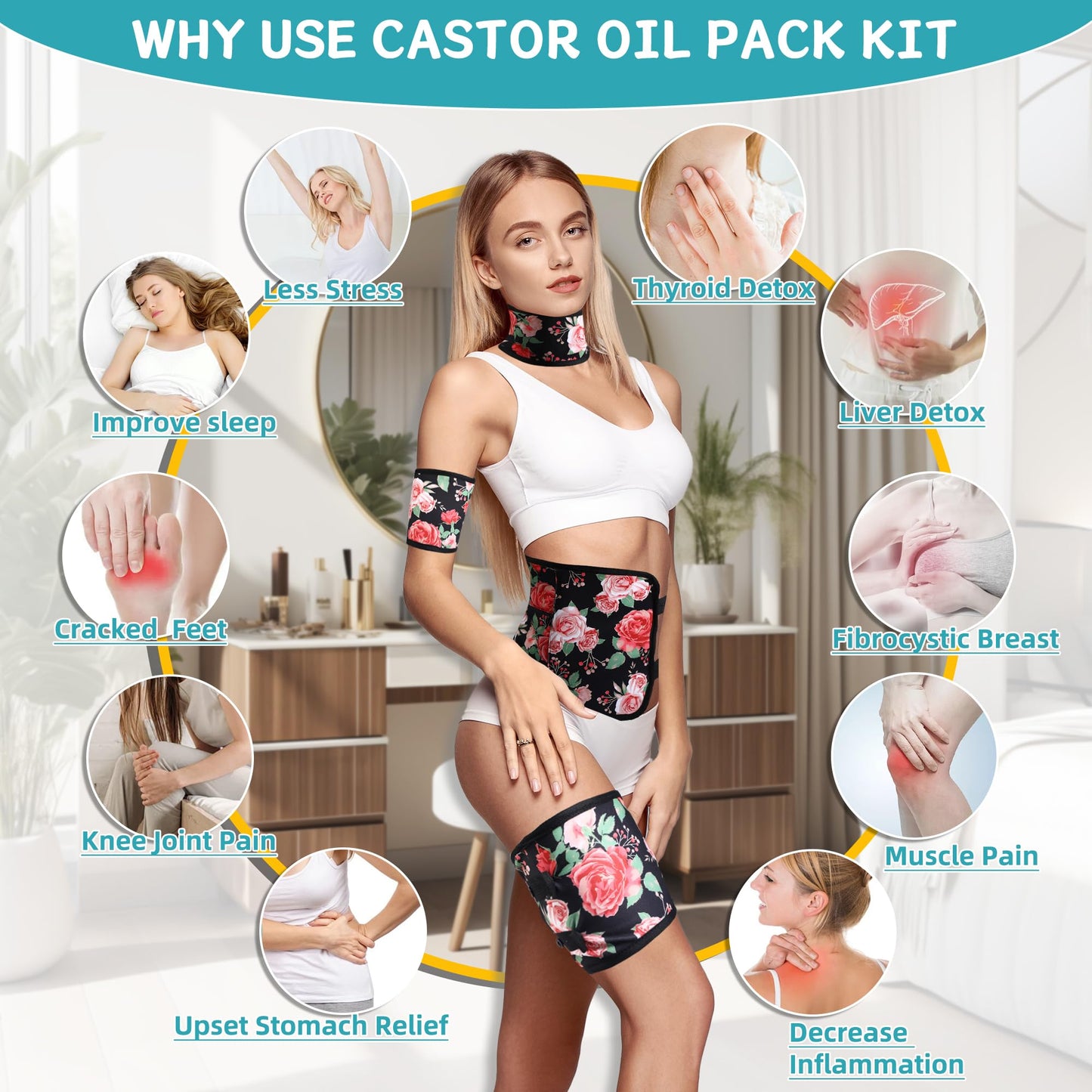 Castor Oil Pack Wrap Organic Cotton Kit – 9 Pcs, Adjustable Straps, Reusable & Machine Washable