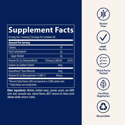 Trace Minerals D3 + K2 Gummies – Vegan, Gluten-Free, Strawberry, 60 Servings