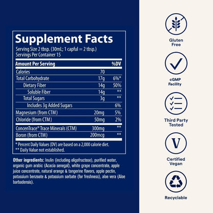 Trace Minerals Fiber 14g - Digestive Health & Colon Support | Gluten-Free, Vegan, Orange Tangerine Flavor | 15 fl oz