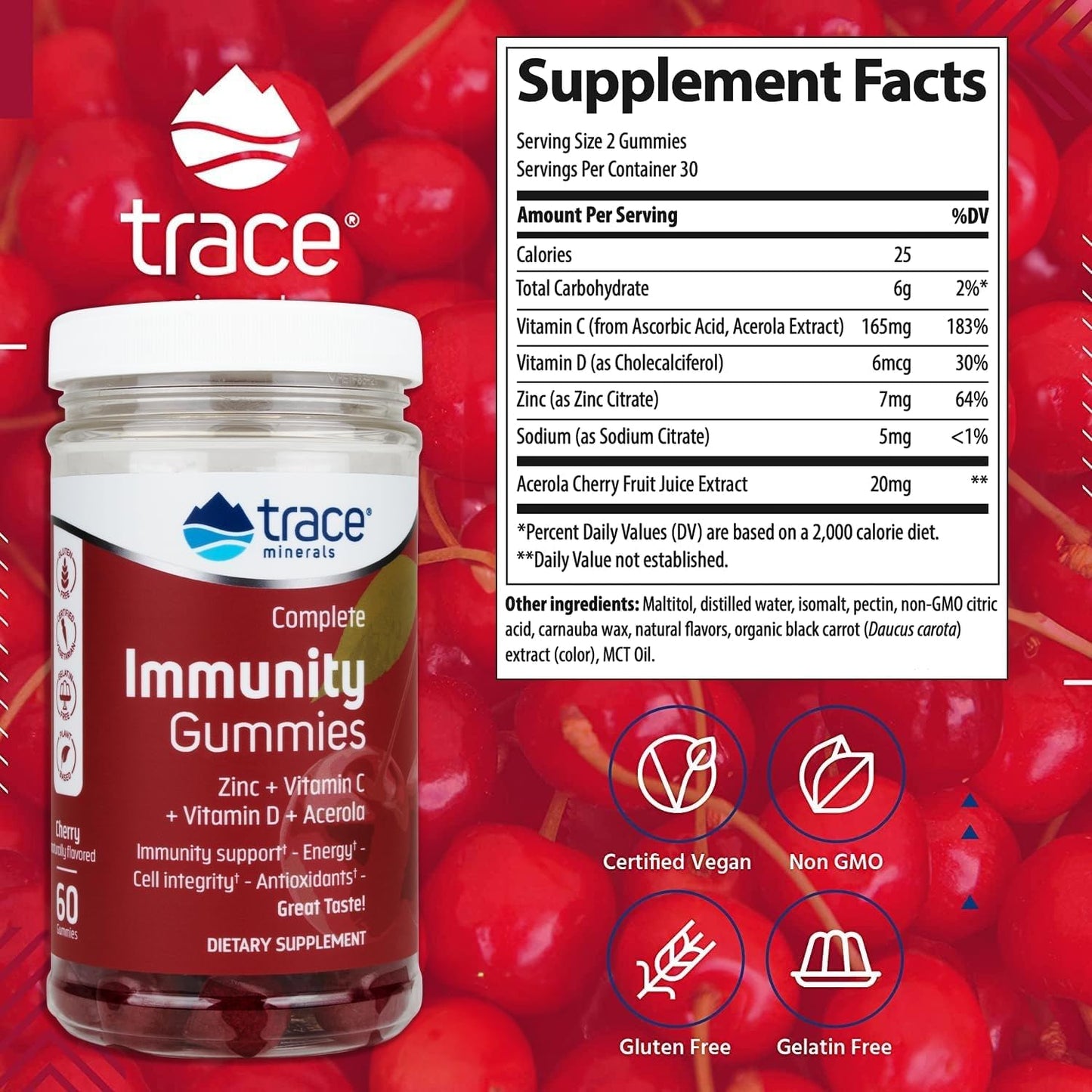 Trace Minerals Immunity Gummies - Zinc, Vitamin C & D | Cherry