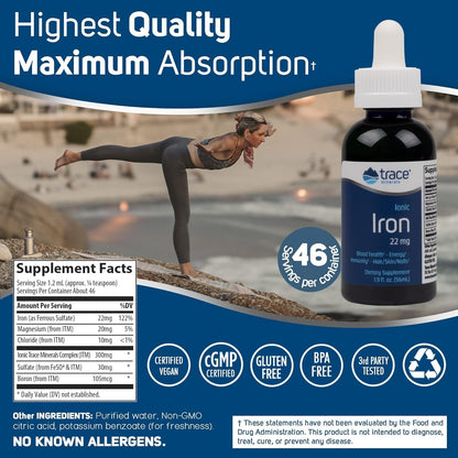 Trace Minerals Ionic Iron 22mg – Energy Support Liquid Supplement with Magnesium (2 Pack, 92 Servings, Gluten-Free)