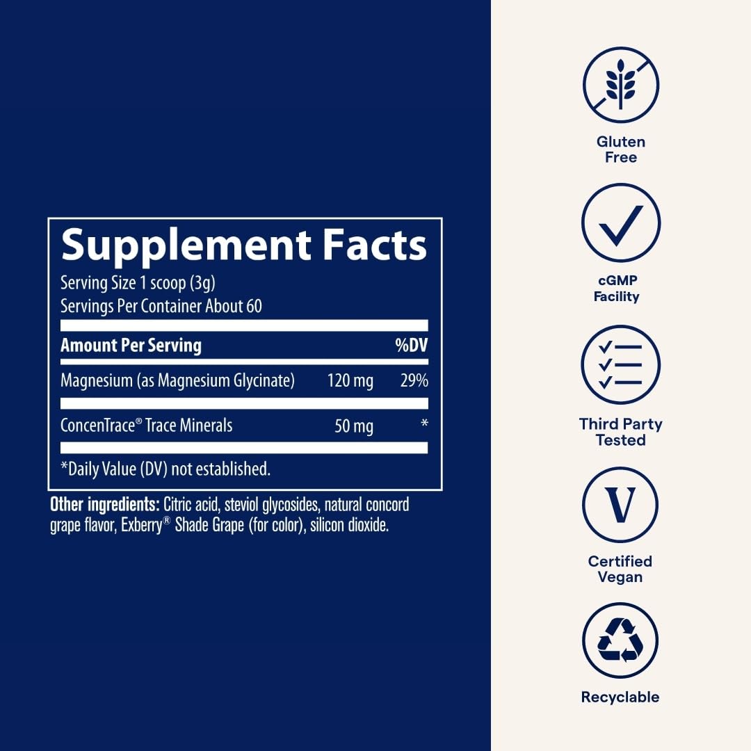 Trace Minerals Magnesium Glycinate Powder – Daily Magnesium for Sleep Support | Calming Bedtime Drink (Grape, 180g, 60 Servings)