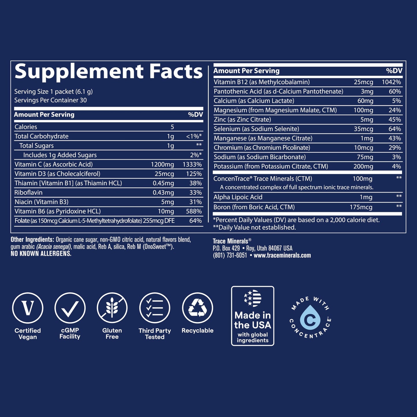 Trace Minerals Power Pak – Pineapple Coconut, 1200 mg Vitamin C + 70+ Minerals (30 Packets)