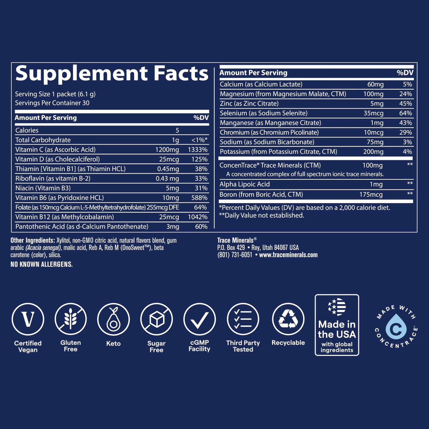 Trace Minerals Power Pak: 1200 mg Vitamin C + 70+ Trace Minerals – Sugar Free Citrus – 30 Packets