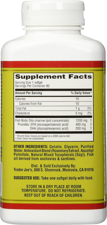Trader Joe's Molecularly Distilled Omega-3 Fatty Acids Dietary Supplement – 1200mg Fish Oil, EPA & DHA