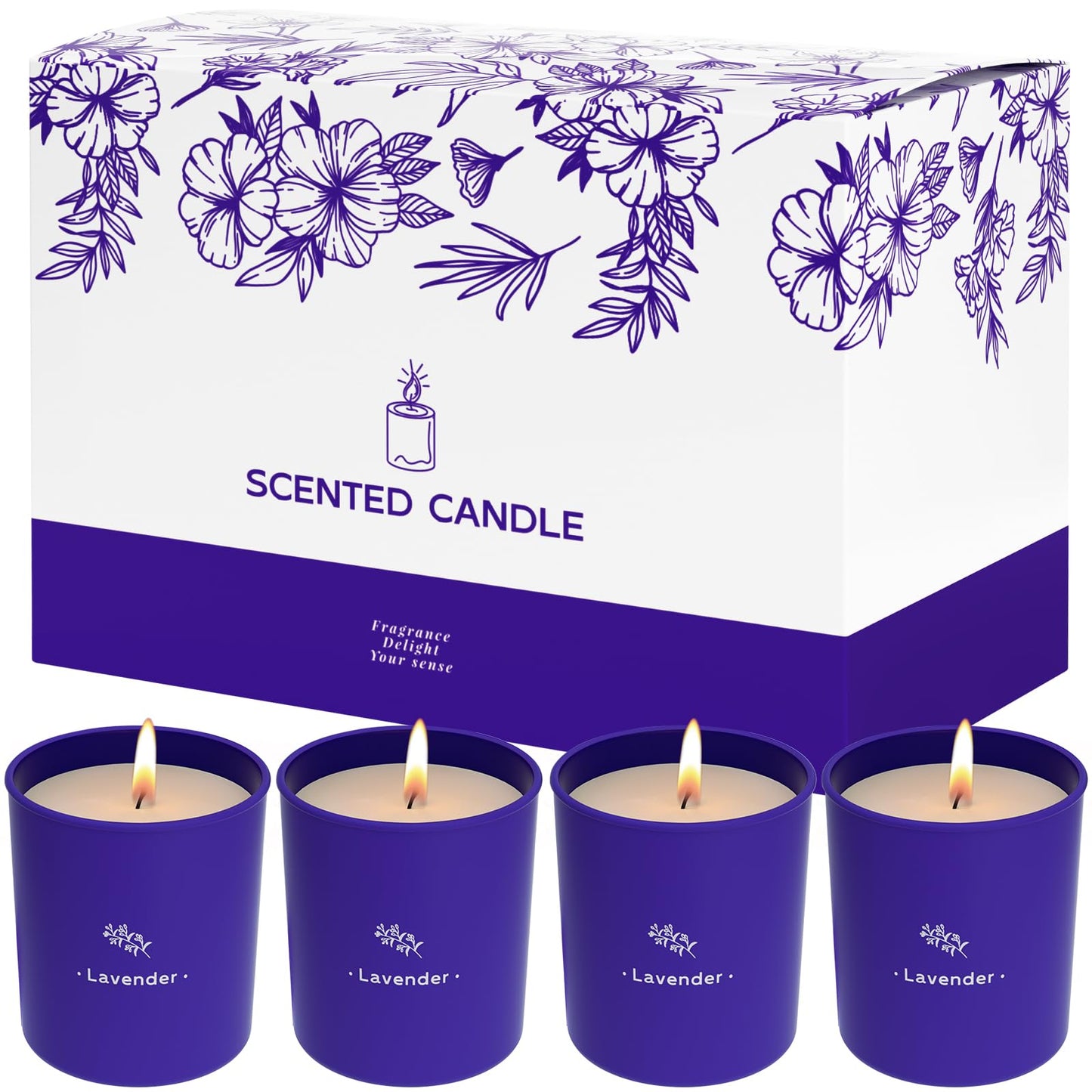 TranquilBliss Lavender Candles – 8 oz Soy Wax, Purple Jar, 4 Pack