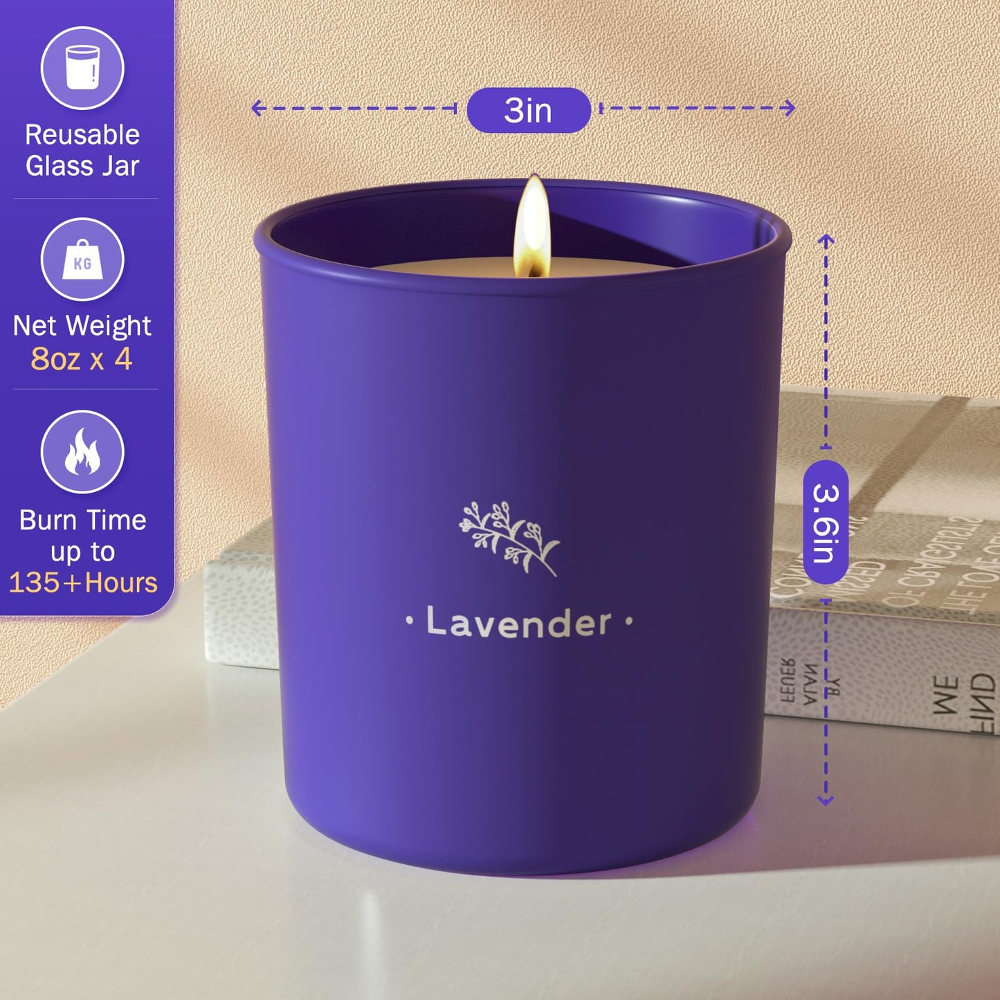 TranquilBliss Lavender Candles – 8 oz Soy Wax, Purple Jar, 4 Pack