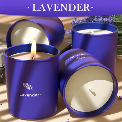 TranquilBliss Lavender Candles – 8 oz Soy Wax, Purple Jar, 4 Pack