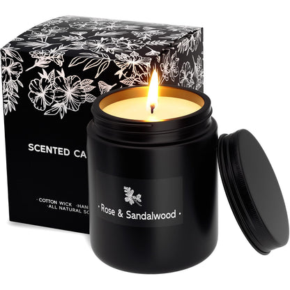 TranquilBliss Rose & Sandalwood Black Candle - 7.6oz Soy Wax, Gift for Men