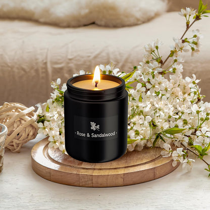 TranquilBliss Rose & Sandalwood Black Candle - 7.6oz Soy Wax, Gift for Men