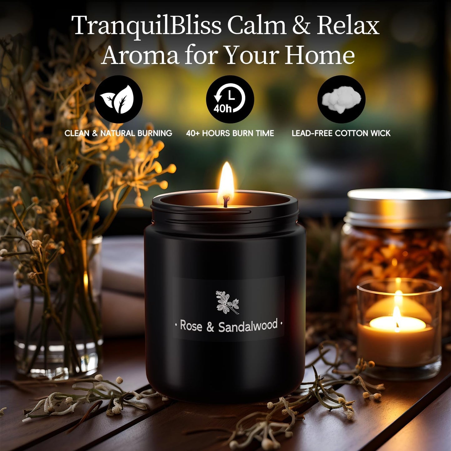 TranquilBliss Rose & Sandalwood Black Candle - 7.6oz Soy Wax, Gift for Men