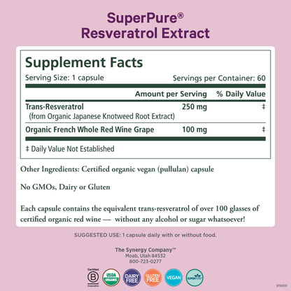 Pure Synergy SuperPure Resveratrol Extract | Organic Trans-Resveratrol with Grape Polyphenols - 60 Capsules