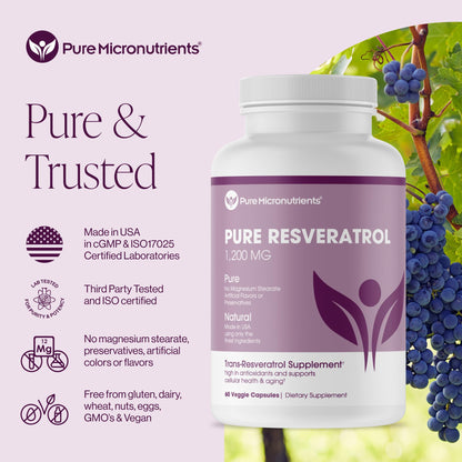 Pure Resveratrol Supplement - Extra Strength 600mg Trans-Resveratrol | 60 Vegan Caps | Heart, Cognitive & Immune Support