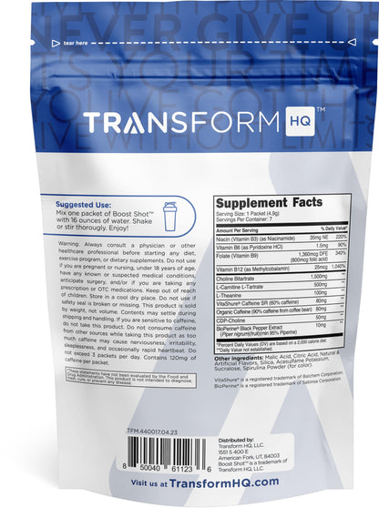 TransformHQ Boost Shot Powder Packets – Blue Raspberry, 7-Pack for Energy