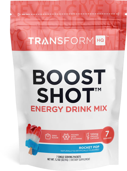 TransformHQ Boost Shot Powder Drink Sticks – Rocket Pop 7-Pack | Energy Supplements for Women & Men with Caffeine & B Vitamins (B12, B9, B6, B3)