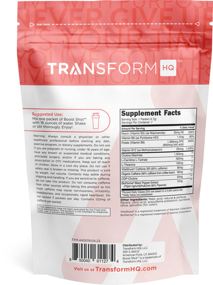 TransformHQ Boost Shot Powder Drink Sticks – Rocket Pop 7-Pack | Energy Supplements for Women & Men with Caffeine & B Vitamins (B12, B9, B6, B3)
