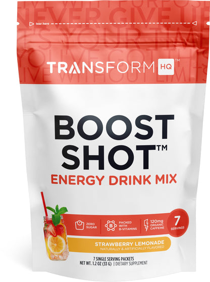 TransformHQ Boost Shot Powder Drink Sticks - Strawberry Lemonade, 7 Pack | Caffeine & B Vitamins