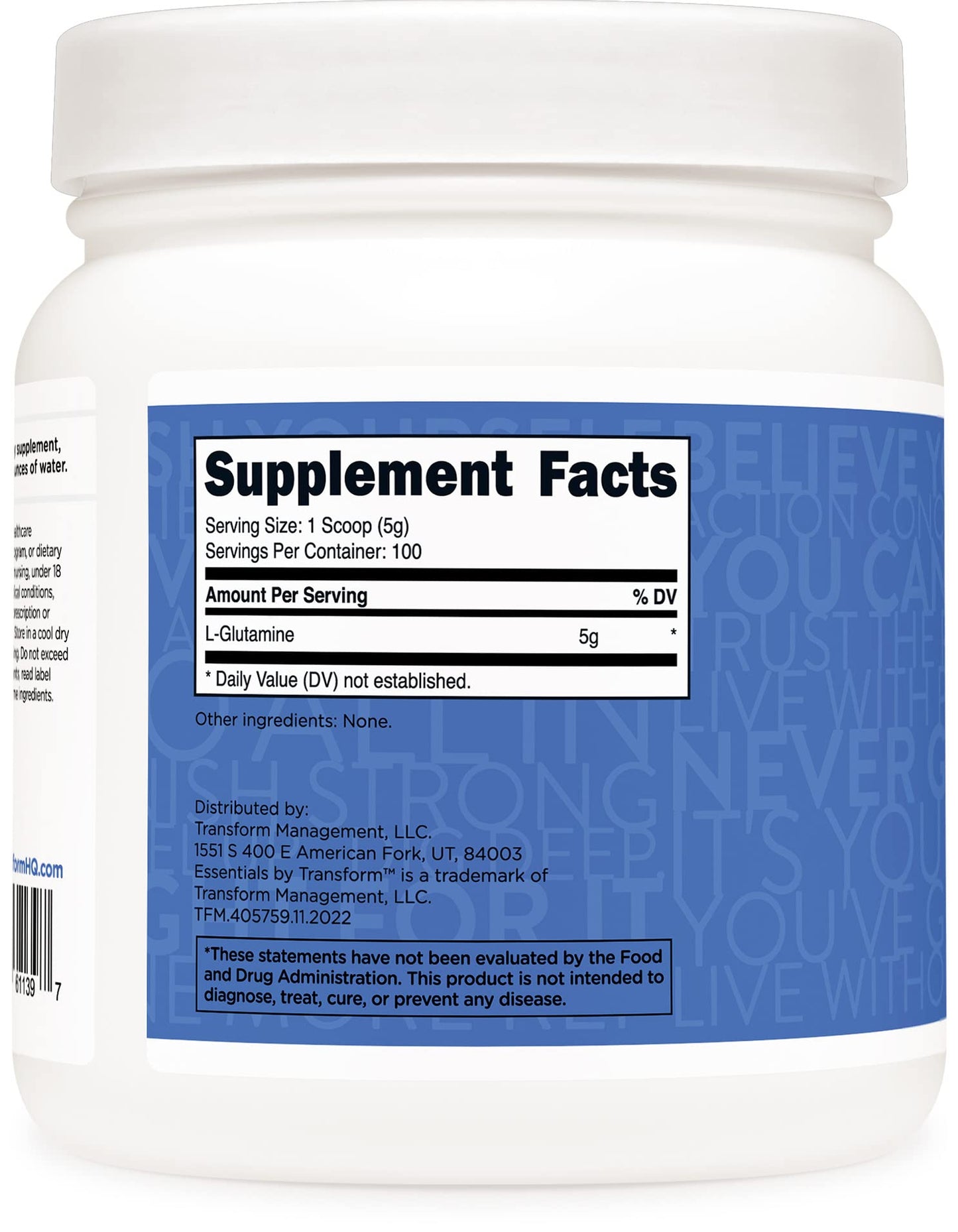 TransformHQ L-Glutamine Powder 500G | 100 Servings | Gluten Free, Non-GMO