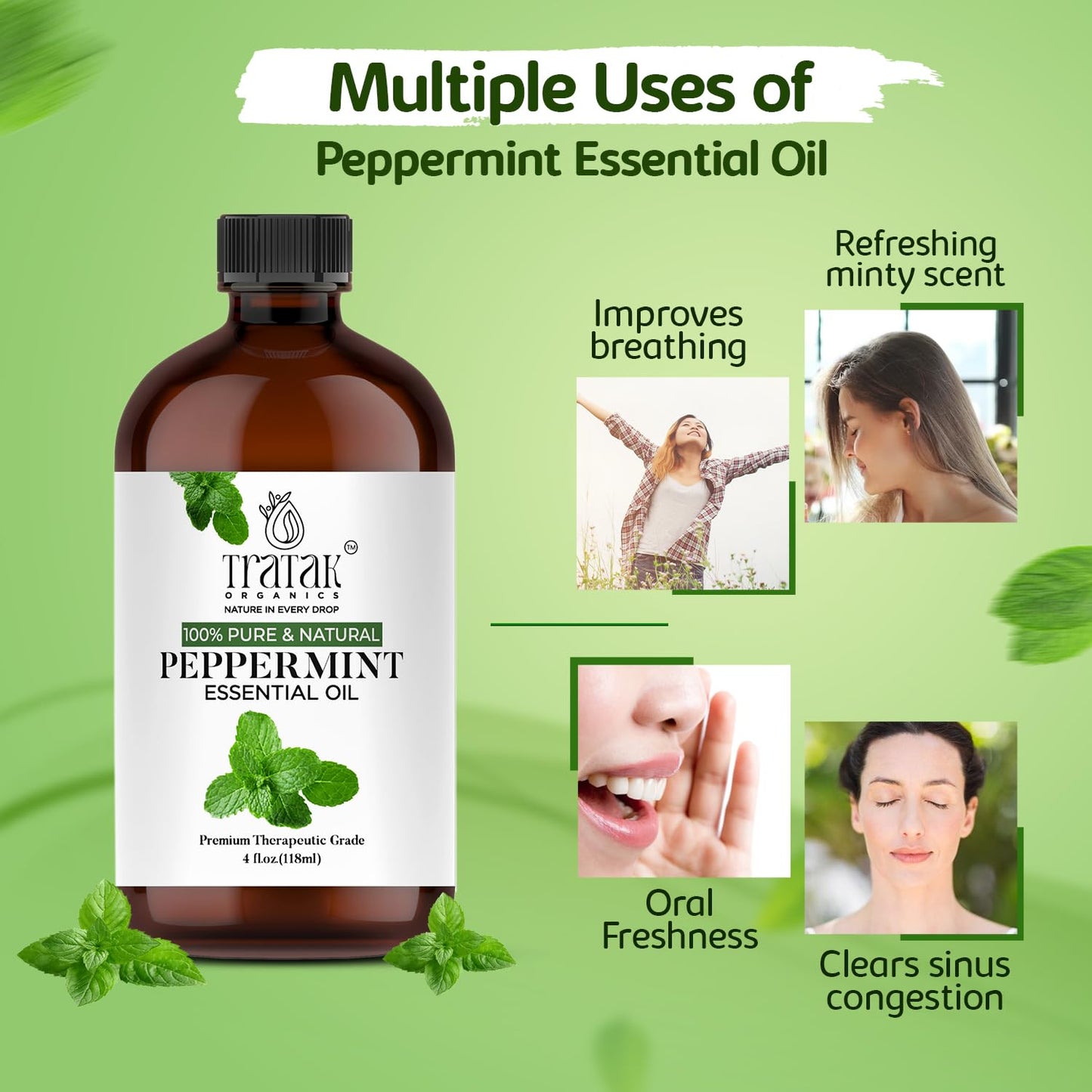 Tratak Organics Peppermint Piperita Essential Oil – 4 Oz | 100% Natural, Pure Peppermint Oil for Diffuser, Hair & Skin Care, Aromatherapy