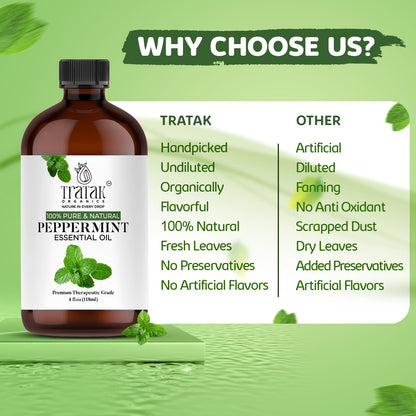 Tratak Organics Peppermint Piperita Essential Oil – 4 Oz | 100% Natural, Pure Peppermint Oil for Diffuser, Hair & Skin Care, Aromatherapy