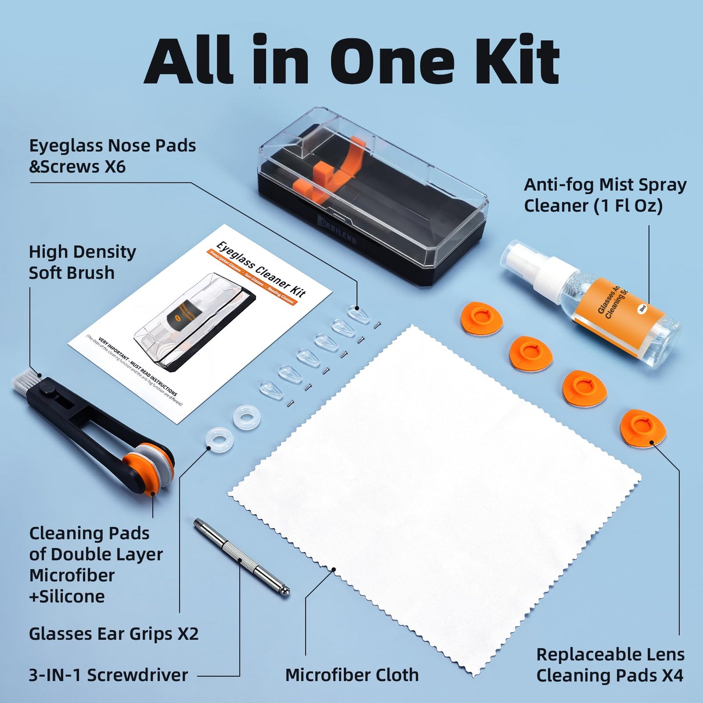 Glasses Cleaner Kit with Anti-Fog Spray, Microfiber Cloth & Repair Tool Case