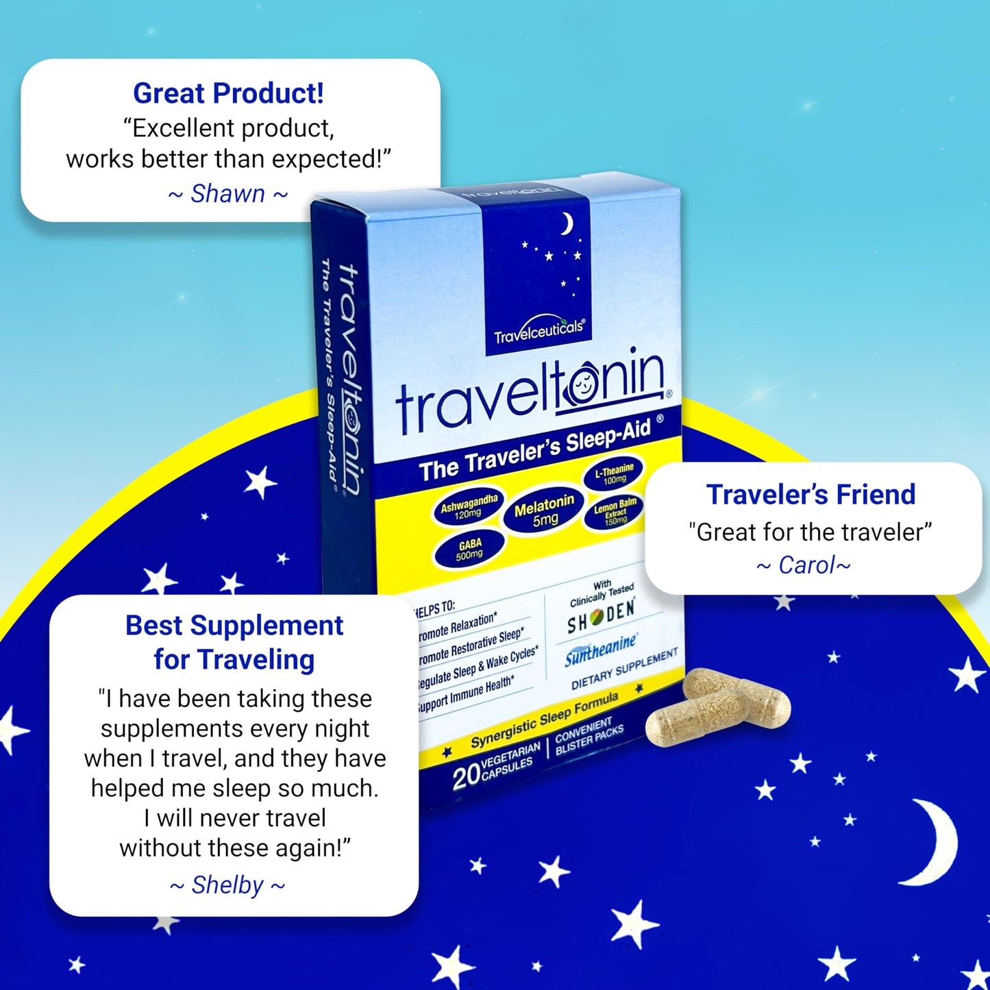Travel Sleep Aid - Jet Lag Relief, Restorative Sleep & Immune Support | 5-in-1 Melatonin, Ashwagandha, L-Theanine, GABA, Lemon Balm | 20 Capsules