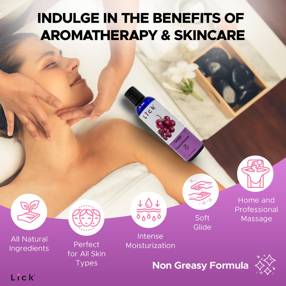 Grape Flavored Massage Oil - Vitamin E, Sweet Almond & Coconut Oil, 4 oz (Vegan, Non-Sticky)