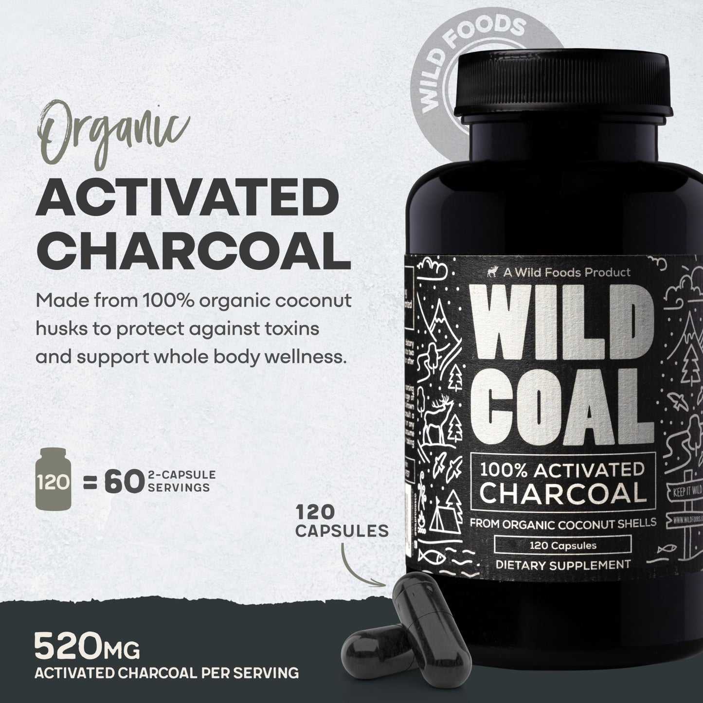 Wild Foods Activated Charcoal Capsules – 100% Organic Coconut Shells, Made in USA (120 Ct)