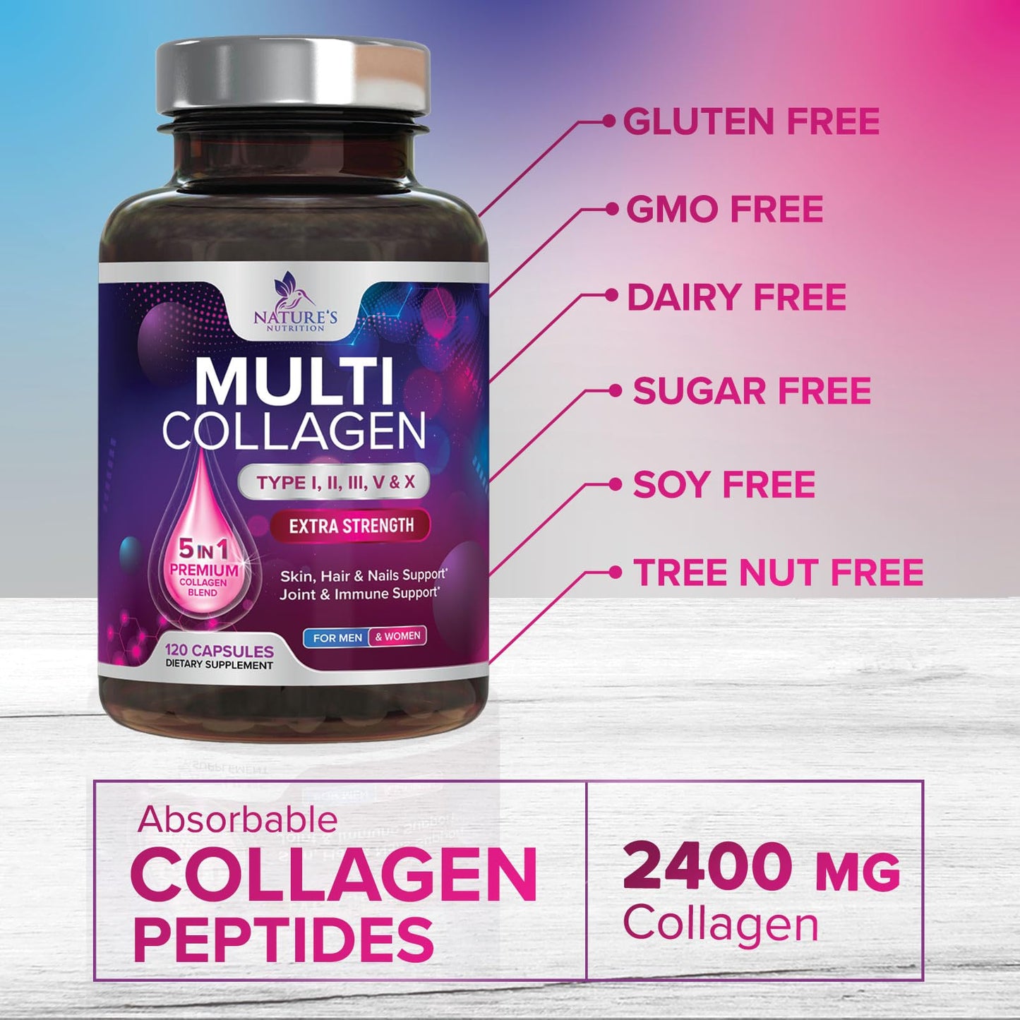 Multi Collagen 2400 mg — Types I, II, III, V & X | 120 Capsules
