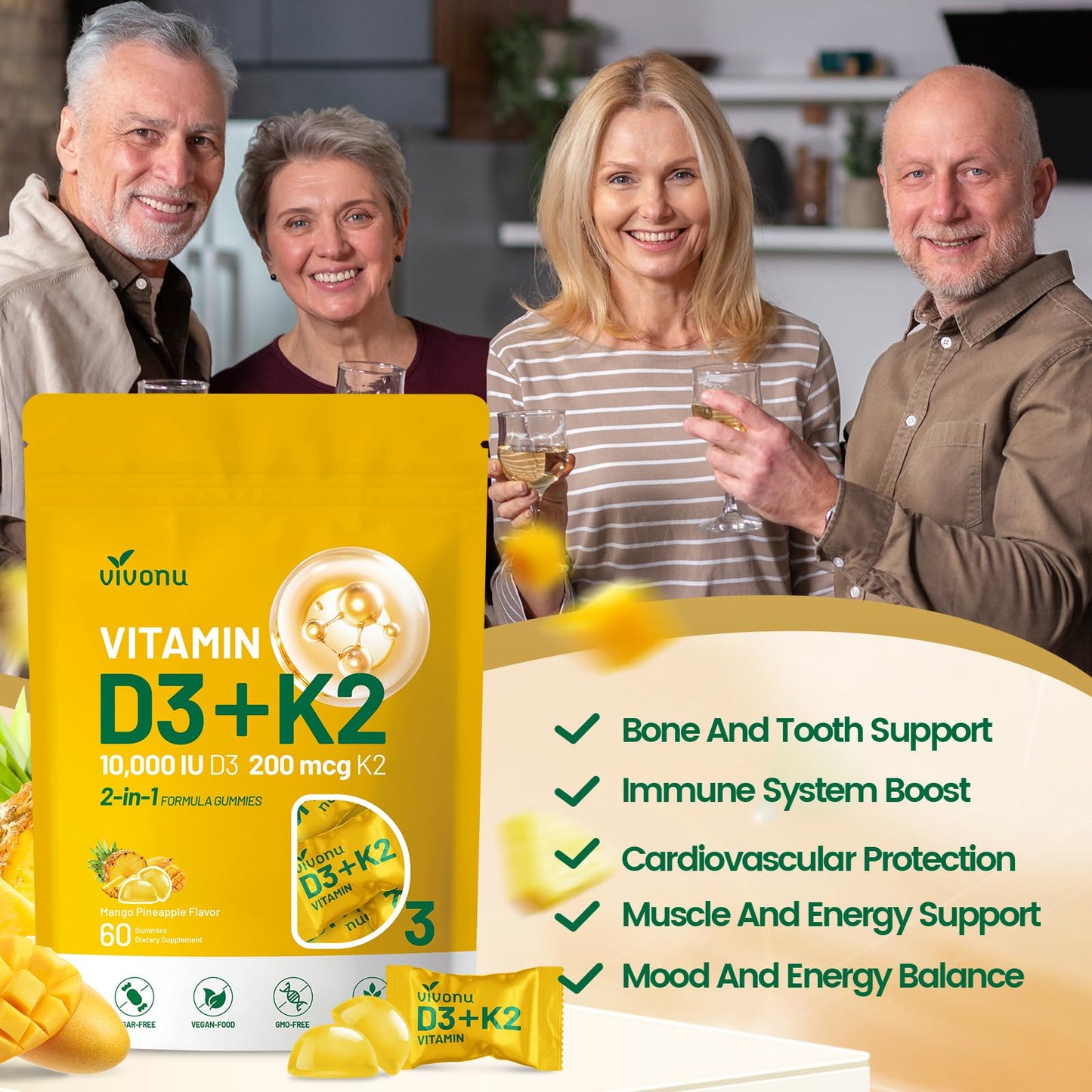 Vitamin D3 K2 Gummies 10000 IU + MK7-200 mcg | 60 Gummies