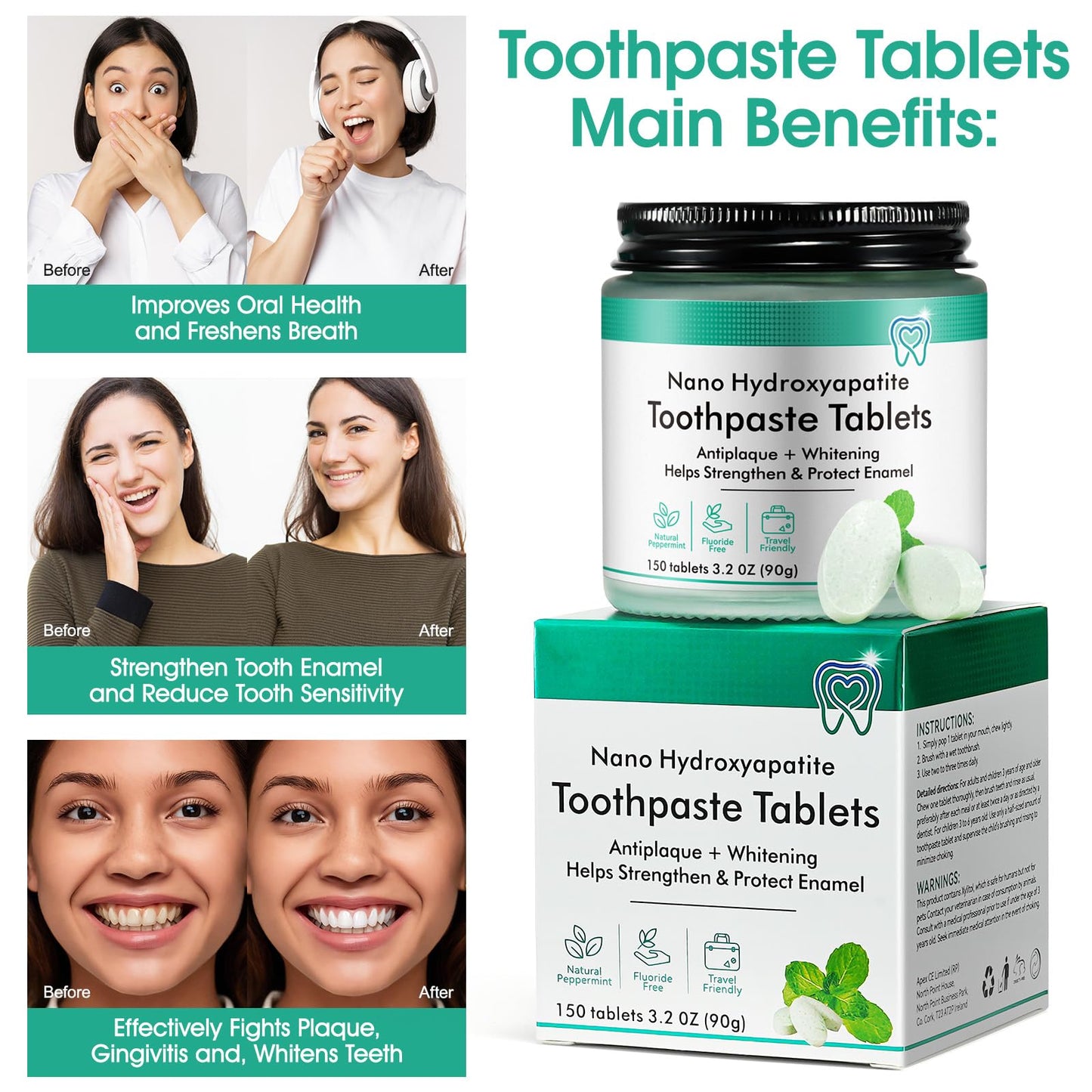 Hydroxyapatite Toothpaste Tablets – Natural Peppermint, Fluoride Free, Travel Friendly